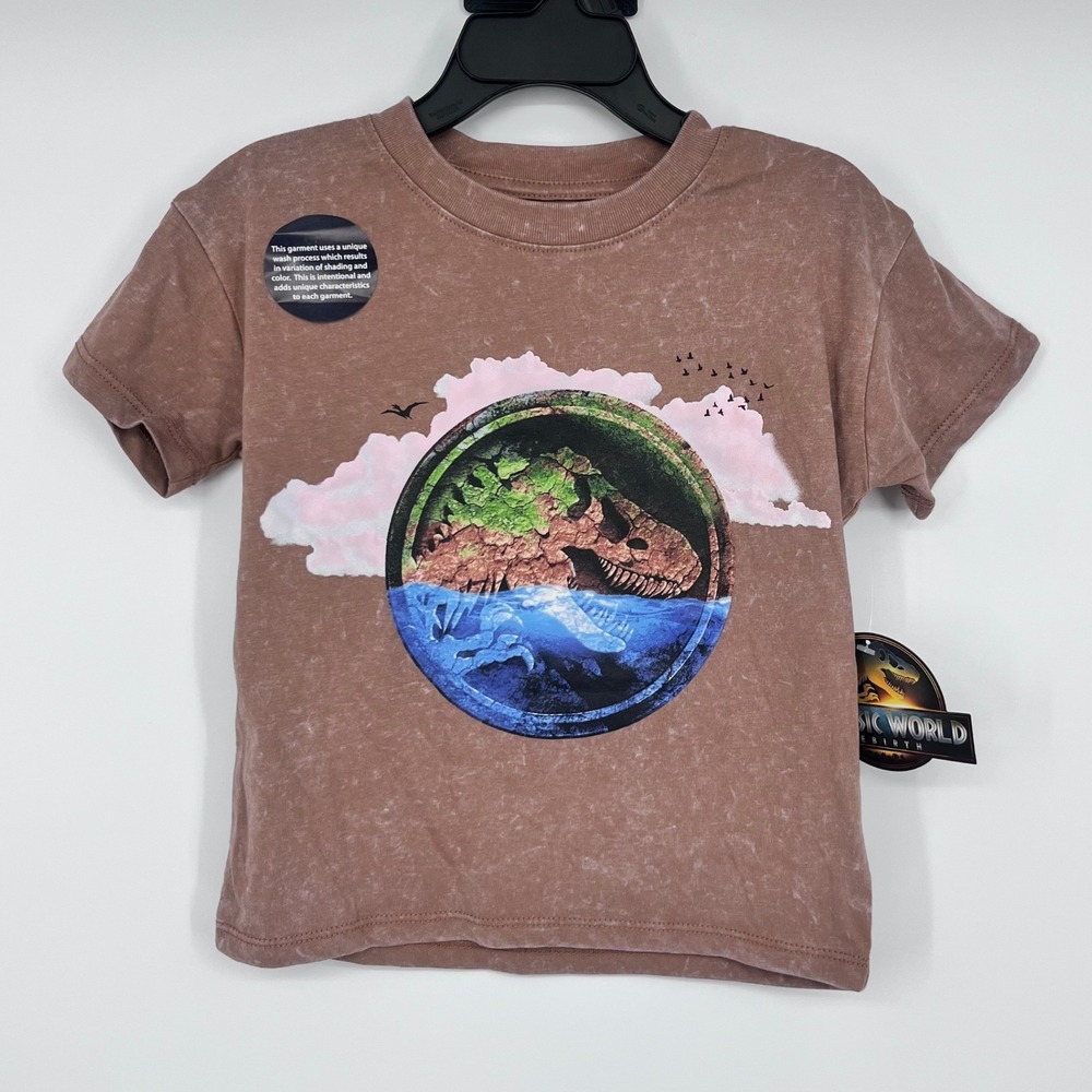 Jurassic World Rebirth T-Shirt‎ Boys 2T Brown Mineral Wash Dinosaur T-Rex NEW